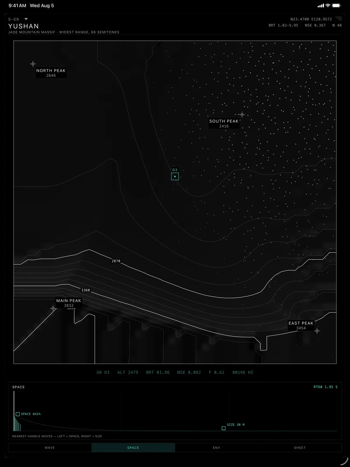 Contour on iPad, sheet S-09 YUSHAN, with the SPACE panel open: a reverb decay curve with a SPACE handle on the left and a SIZE handle on the right.