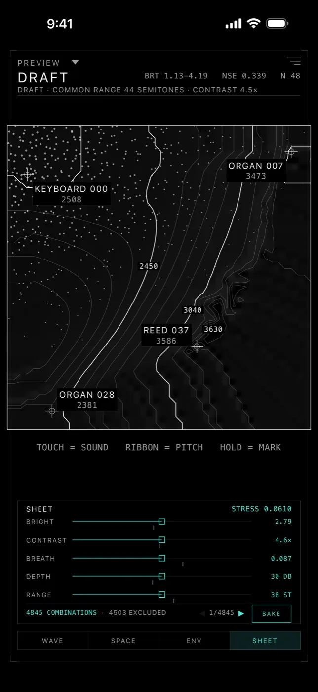 Contour's SHEET panel: five sliders for Bright, Contrast, Breath, Depth and Range, a stress readout, 4845 combinations with the excluded count, and a Bake button under a draft map.