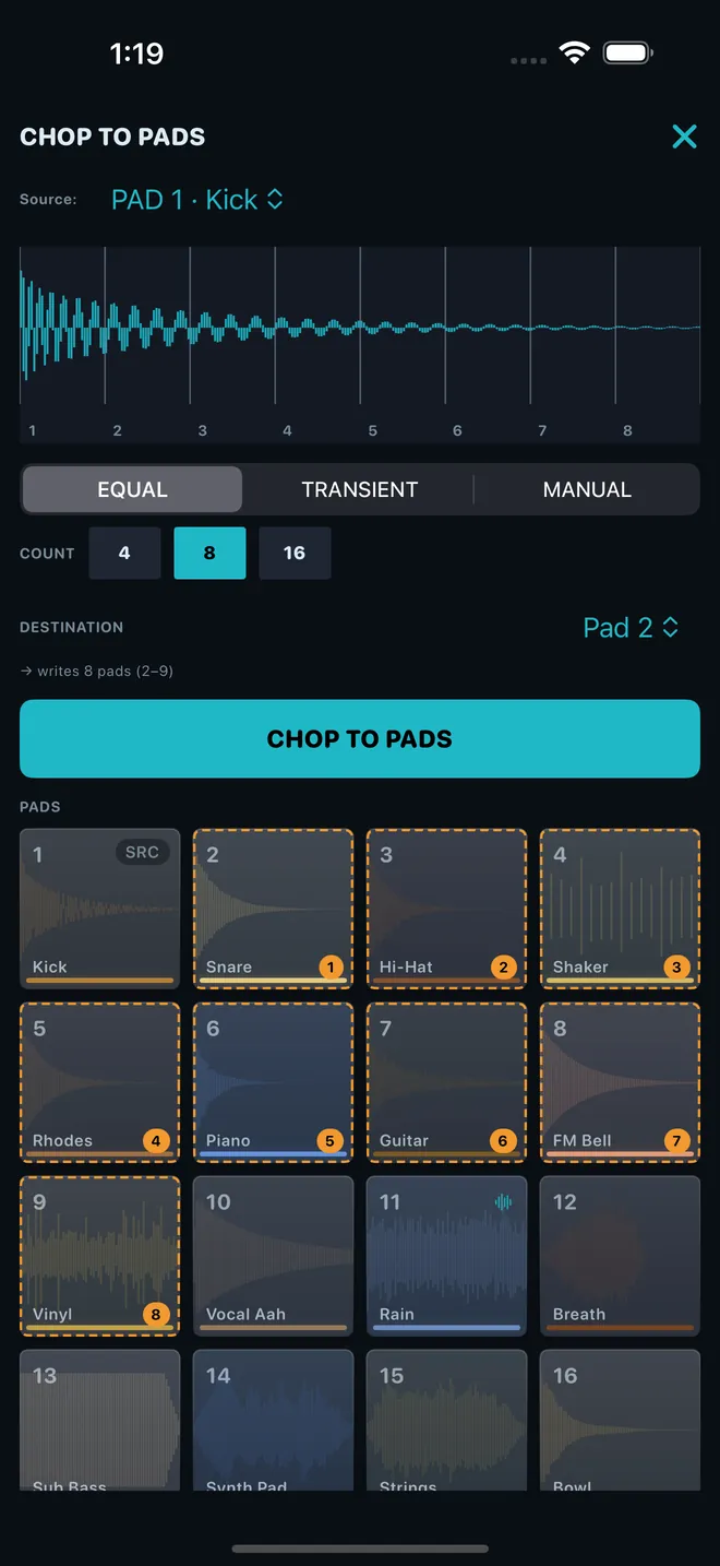 The Chop to Pads sheet in EQUAL mode, eight slices, with dashed slice previews on pads 2 to 9.