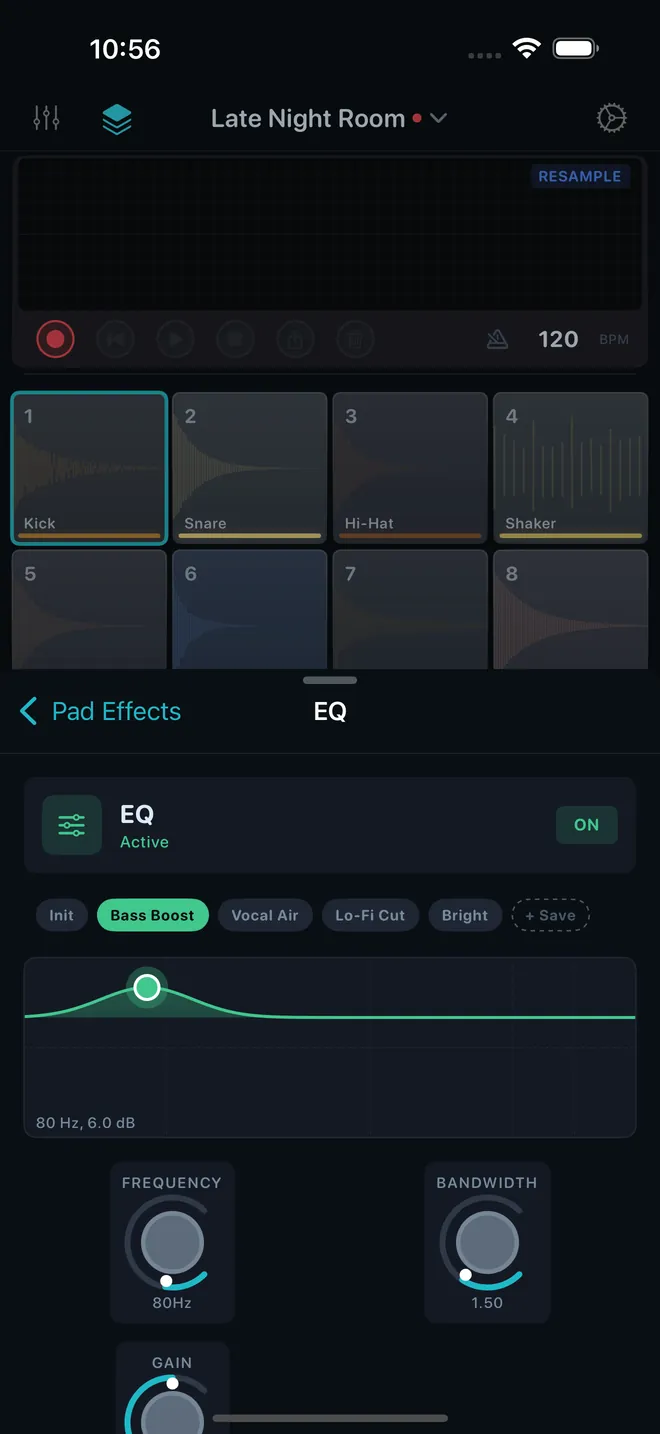 A pad's EQ editor over the pad grid, with preset chips, the EQ curve, and Frequency, Bandwidth and Gain knobs.