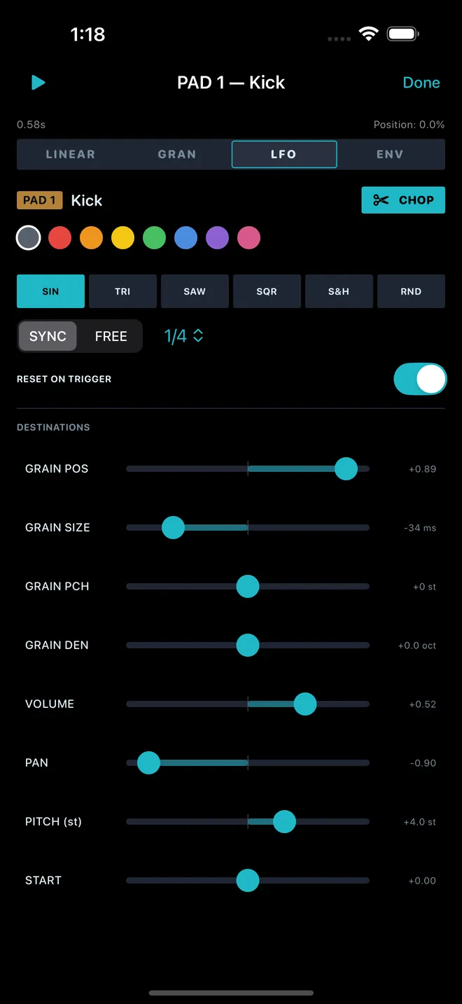 The LFO tab: six shape buttons, SYNC and FREE, Reset on trigger, and depth sliders for eight destinations.