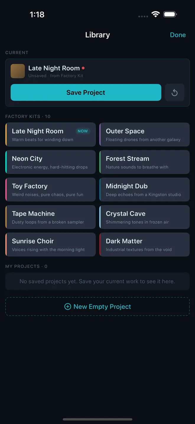 The Library: the current project with Save Project, the ten Factory Kits, and My Projects.