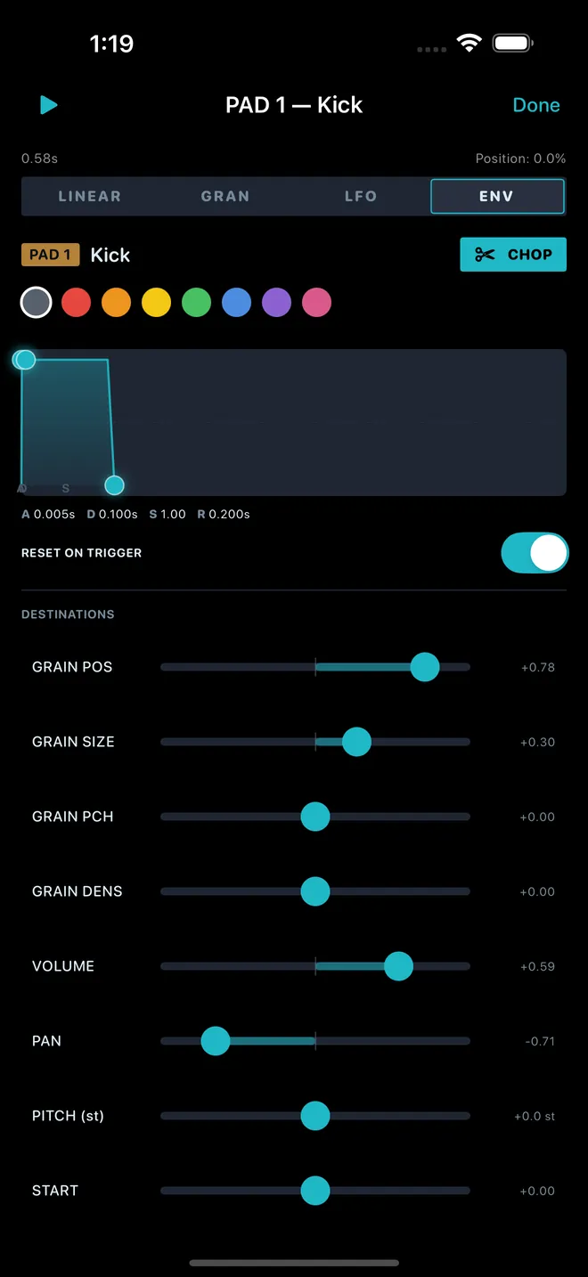 The ENV tab: the envelope chart, Reset on trigger, and depth sliders for eight destinations.
