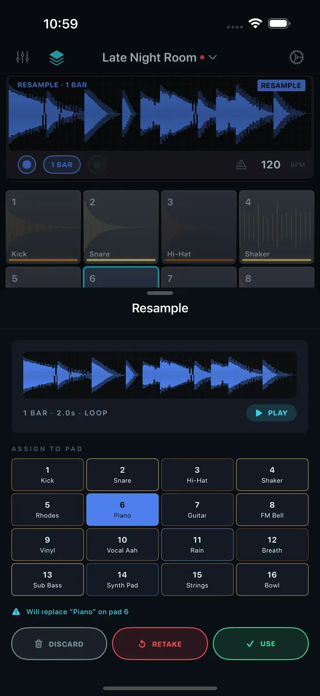 The Resample sheet: a one-bar loop waveform, a grid of pads to assign it to, and Discard, Retake and Use buttons.