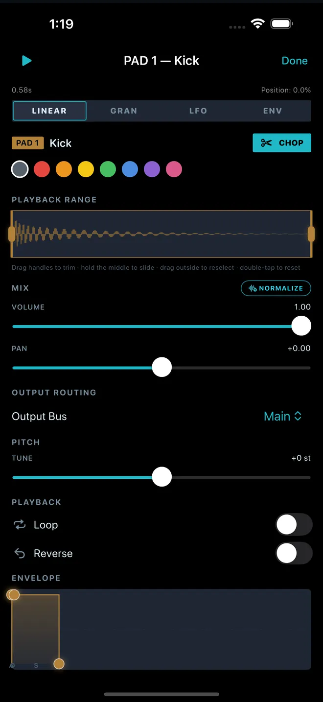 The Sample Editor on its LINEAR tab: playback range, mix, output routing, pitch and playback options.