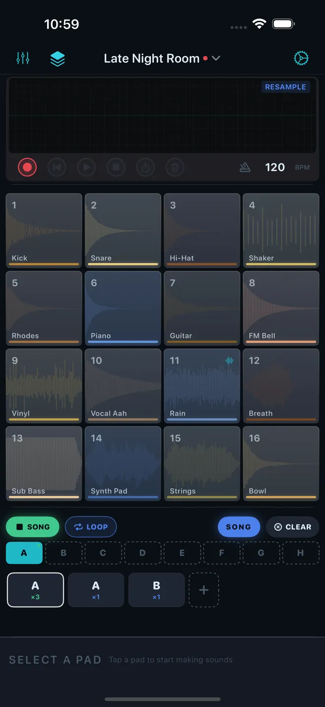 Song Mode on the main screen: the pattern strip A to H and a chain of A x3, A x1, B x1.