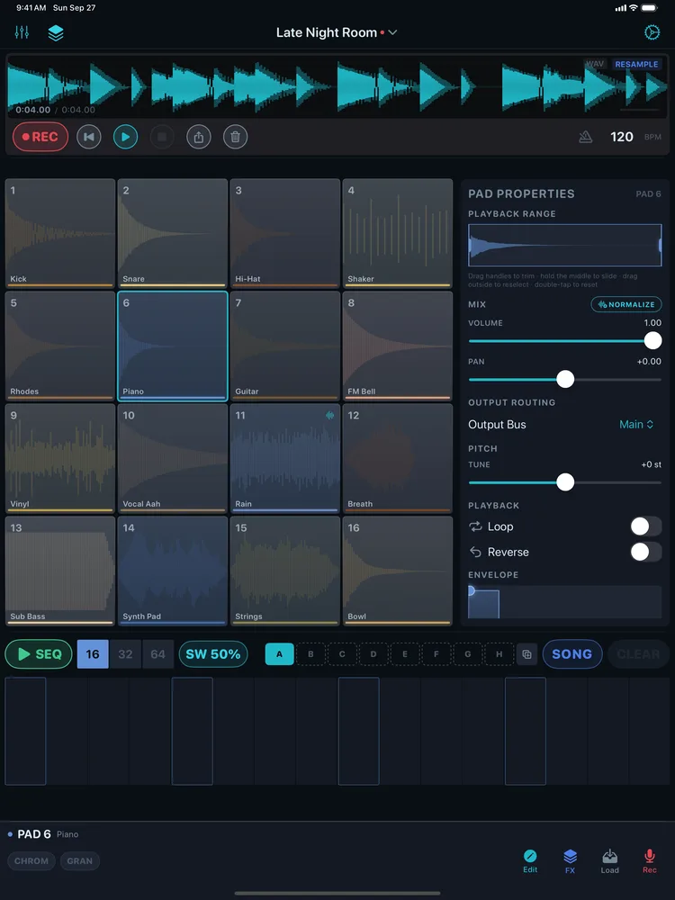 GranSample on iPad: the pad grid beside Pad Properties.