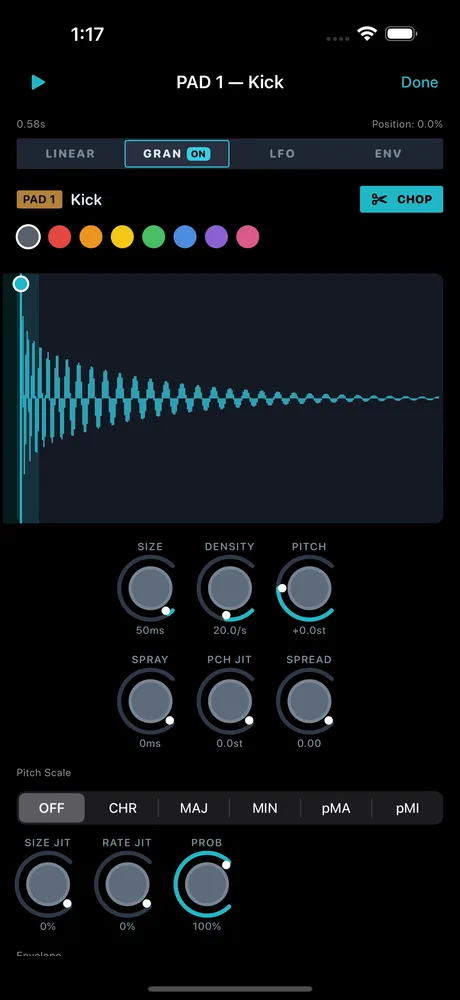 The GRAN tab showing the waveform, the position marker and the granular knobs