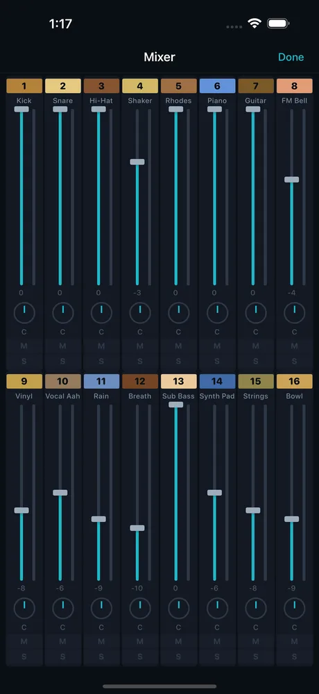 The GranSample mixer showing channel strips for sixteen pads