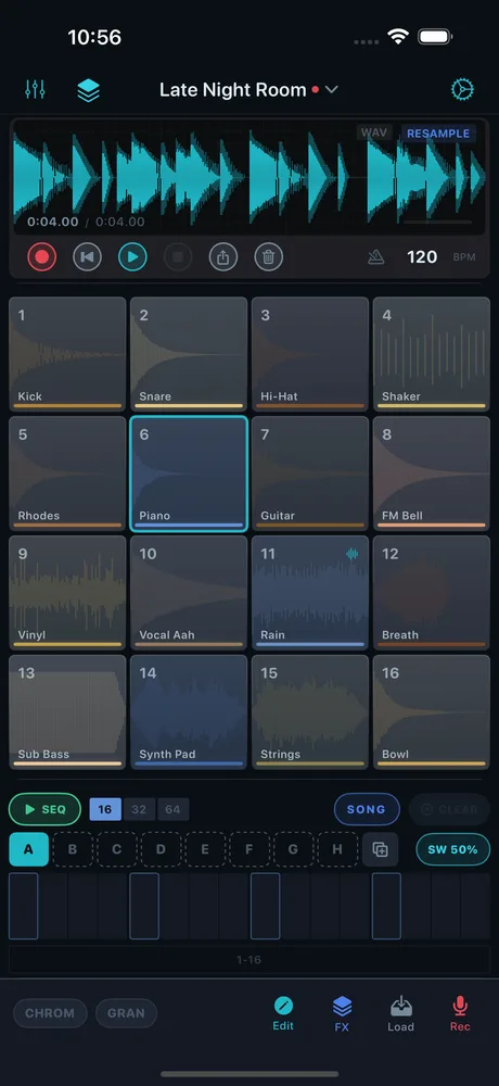 GranSample's main screen: a teal waveform, 120 BPM, and sixteen pads with pad 6, Piano, selected.