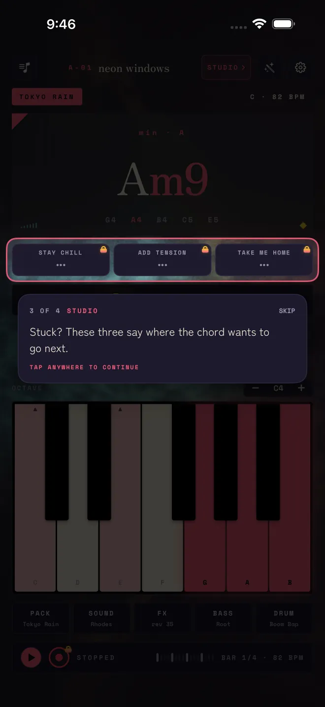 The Chord Journey row under the chord card, with the pointer "Stuck? These three say where the chord wants to go next."