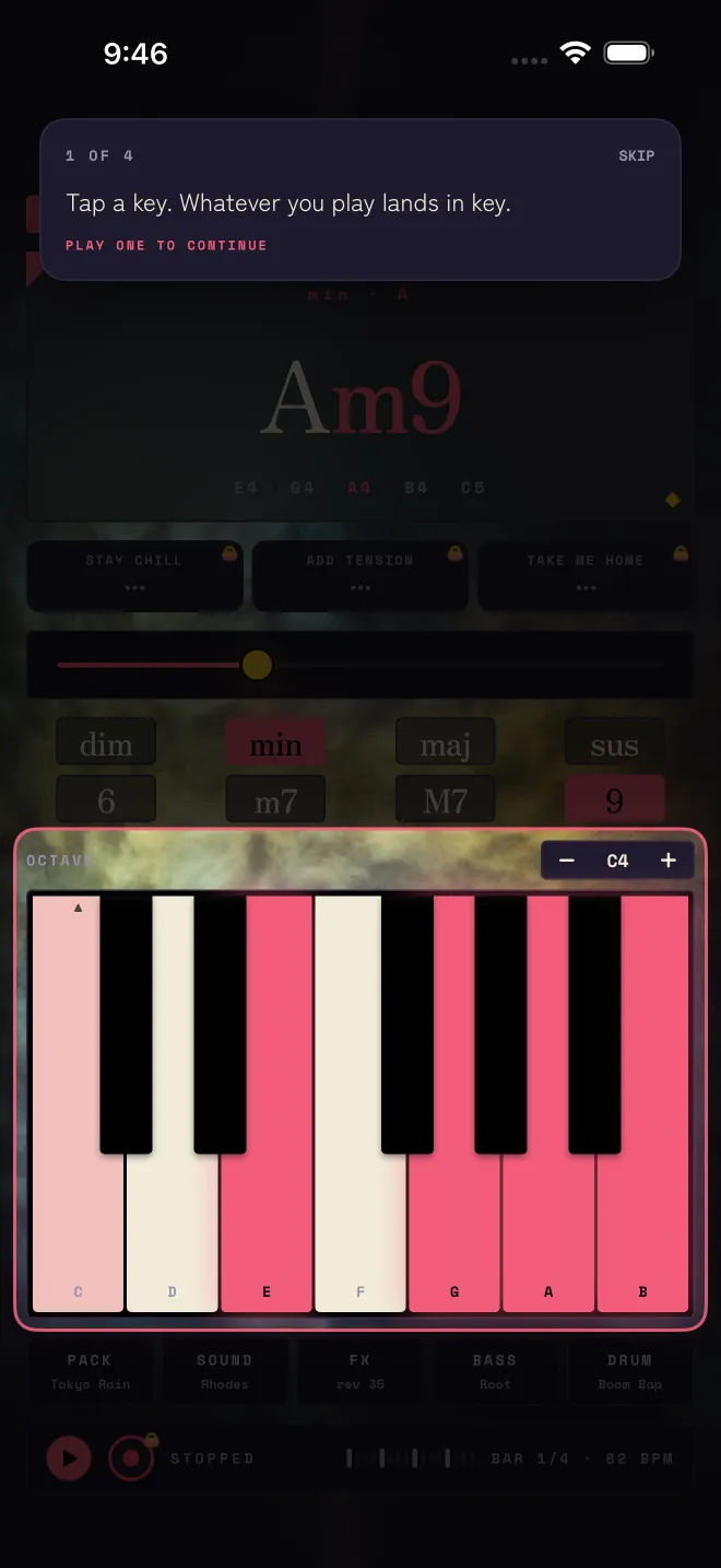 Matcha's first-run pointer over the keyboard: "1 of 4. Tap a key. Whatever you play lands in key."