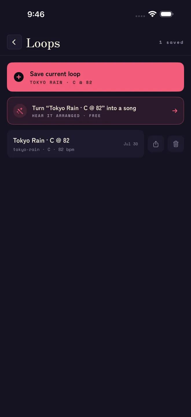 The Loops screen: Save current loop at the top, an offer to arrange the loop into a song, and one saved loop with its pack, key and tempo.