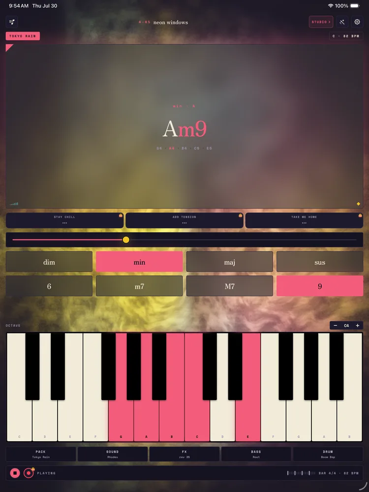 Matcha on iPad with a two-octave keyboard under the chord card.