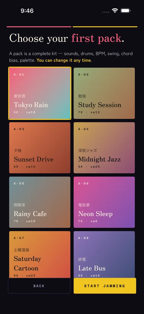 The pack picker: the eight mood packs as coloured tiles.