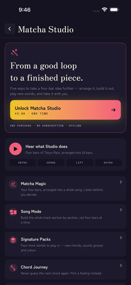 The Matcha Studio screen with the unlock button, the demo song and the Studio features.