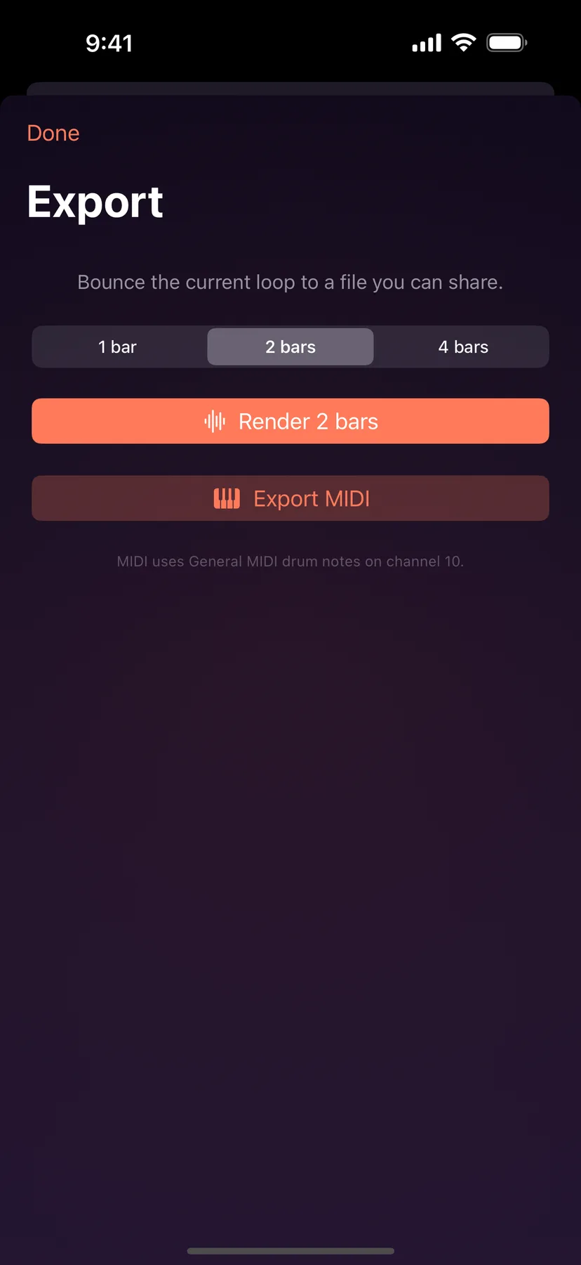 Orbeat's Export sheet: a length picker set to 2 bars, a Render 2 bars button and an Export MIDI button.