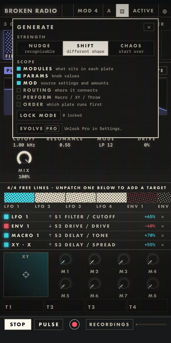 The Generate panel on iPhone: Strength set to Shift, Scope with Modules, Params and Mod ticked, Lock mode, and Evolve marked Pro.