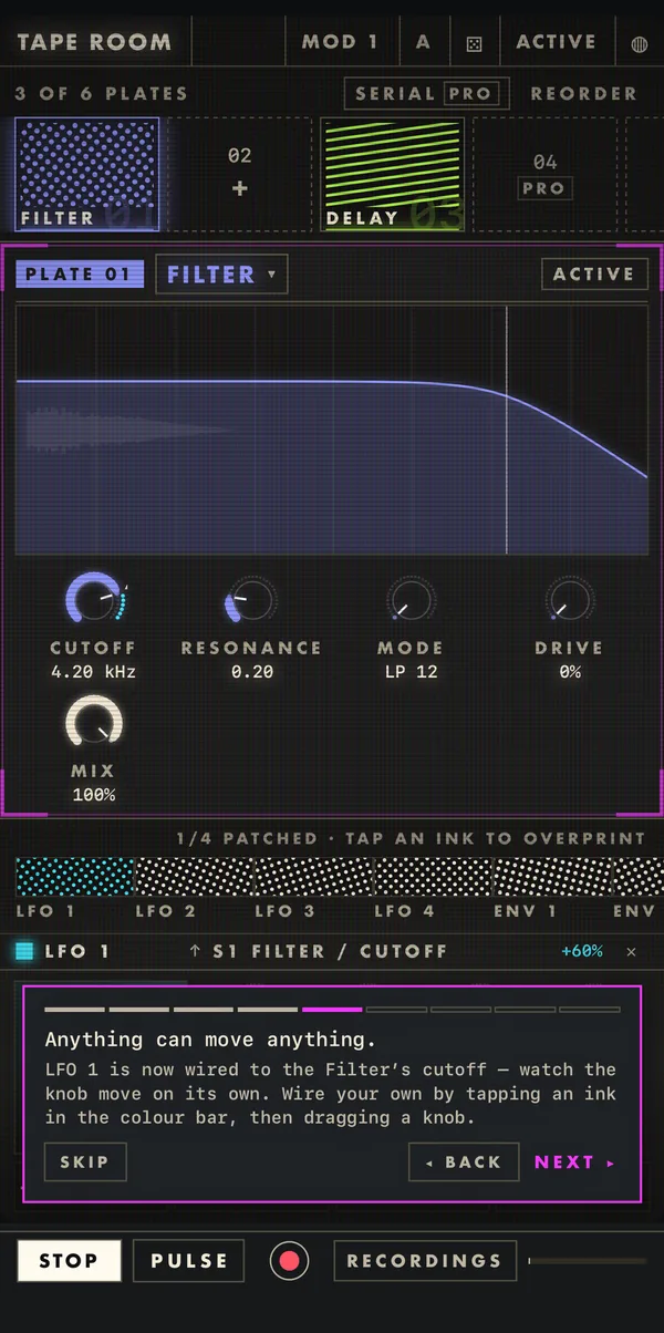 RasterFX on iPhone during the tour. A magenta frame marks the Filter plate, and a card at the bottom reads: Anything can move anything.