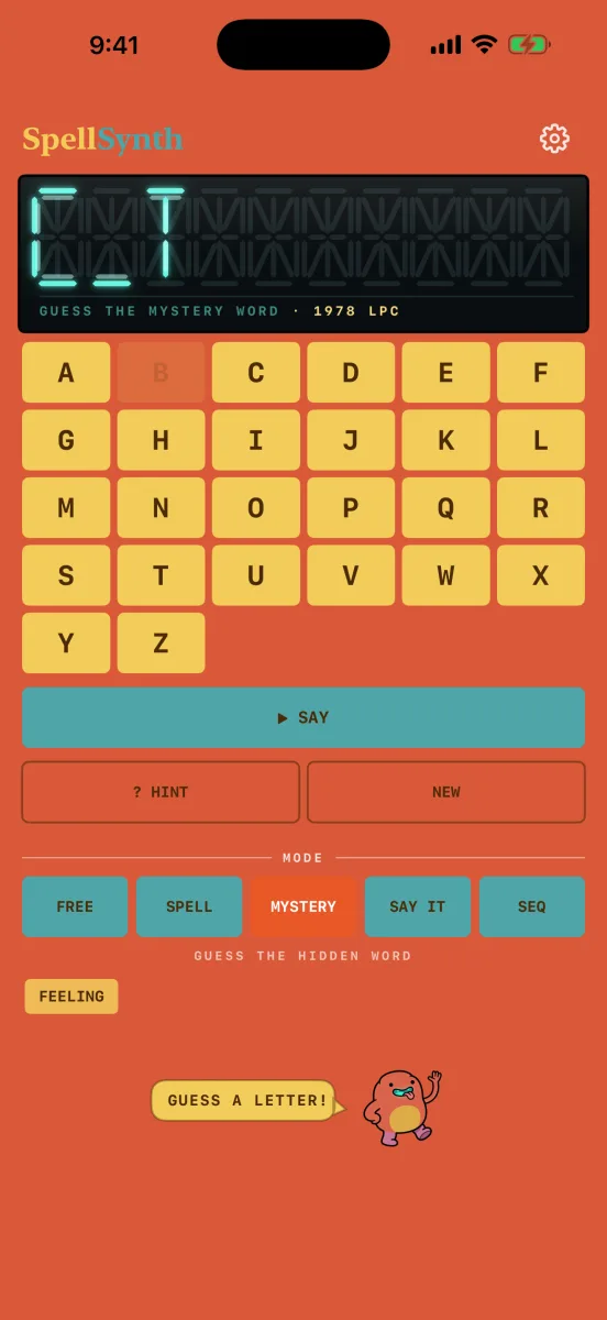 SpellSynth in Mystery mode: the display shows the hidden word with two letters found, above the keypad with a guessed letter dimmed, the SAY bar and the HINT and NEW keys.