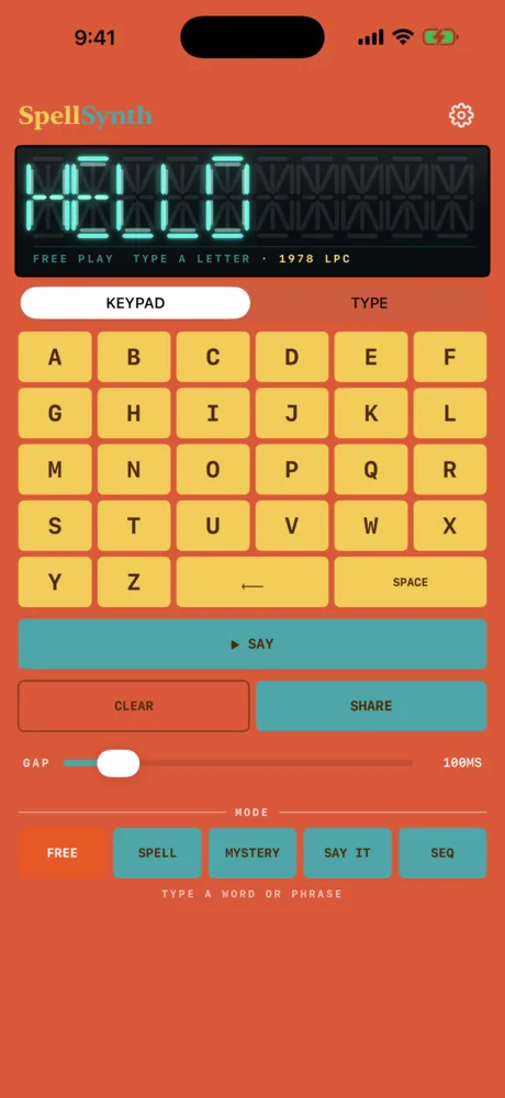 SpellSynth in Free Play: the phosphor display spells HELLO above the yellow A to Z keypad and the teal Say bar.