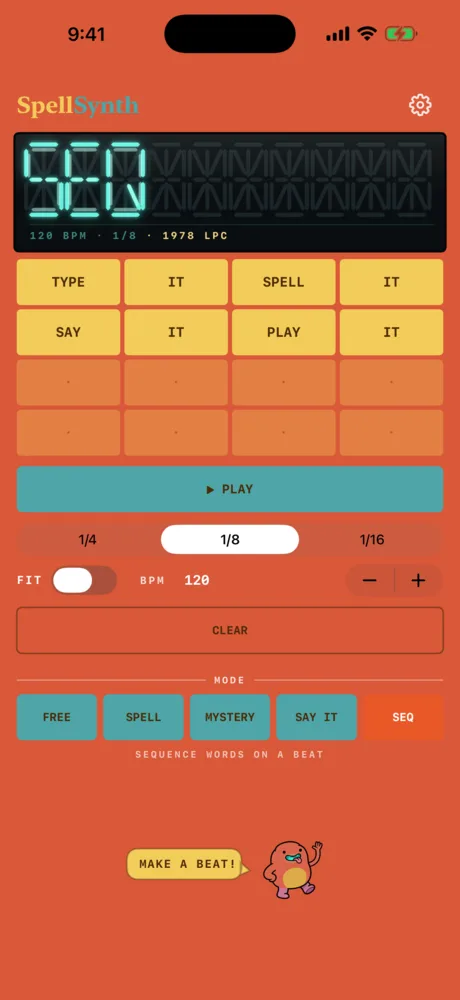SpellSynth's SEQ screen: a grid of steps holding TYPE, IT, SPELL, IT, SAY, IT, PLAY, IT, the PLAY bar, the 1/4, 1/8 and 1/16 switch, FIT and BPM 120.