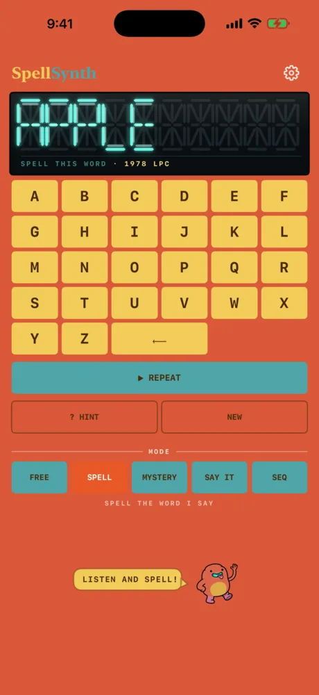 SpellSynth in Spell mode: the display shows the letters spelled so far, above the keypad, the REPEAT bar and the HINT and NEW keys.